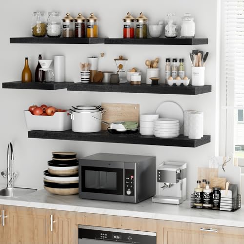 Fun Memories Floating Shelves - 2 Pack 12 Inch Rustic Wooden Wall Shelves - Extra Deeper & Thicker Wall Mounted Storage Shelf for Living Room, Kitchen, Farmhouse - 24" W x 12" D x 1.5"H - Rustic Black - color: Black, size: 23.6"L x 12"D