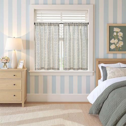 jinchan Blue Boho Linen Kitchen Tier Curtains 36 Inches Rod Pocket 2 Panels - color: Arrow | Blue on Linen, size: 26"W x 36"L (Pack of 2)