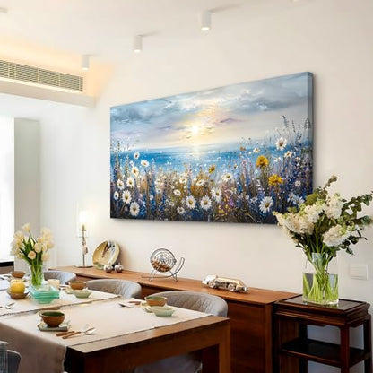 crmotu Extra Large Canvas Art, Beach Daisy Sunset Pictures 29X57 In - color: Sunrise Seaside Flowers, size: 57"L x 29"W