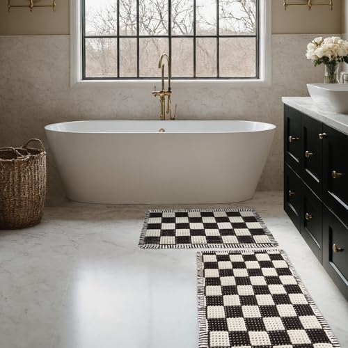 MatEssenz 2 Piece Waffle Bathroom Rugs Checkered Bath Mat Set (17"x24" & 18"x30"), Black and White Weave Bathroom Rugs with Tassels, Non-Slip Quick Dry Shower Mats, Machine Washable Skin-Friendly - color: Lattice Style, size: 17" x 24" + 18" x 30"