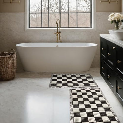MatEssenz 2 Piece Waffle Bathroom Rugs Checkered Bath Mat Set (17"x24" & 18"x30"), Black and White Weave Bathroom Rugs with Tassels, Non-Slip Quick Dry Shower Mats, Machine Washable Skin-Friendly - color: Lattice Style, size: 17" x 24" + 18" x 30"