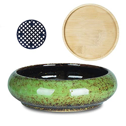 Bonsai Pots, Large Succulent Pots with Drainage, Ceramic Pots for Plants - color: Green