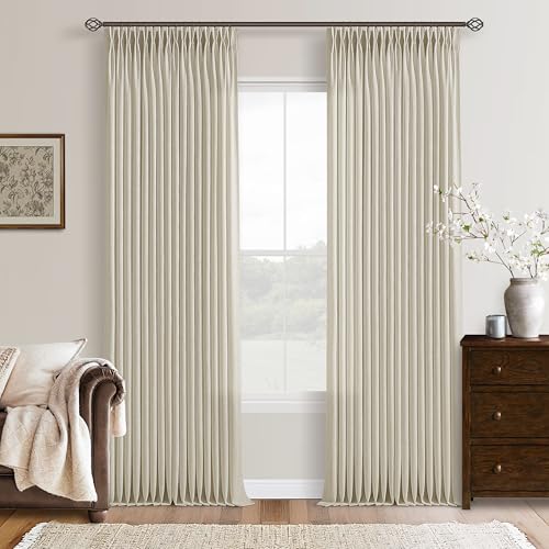 98 Inch Beige Linen Semi Sheer Pinch Pleated Curtains 50 Inch Wide 2 Panels - color: Linen, size: 50"W x 98"L (Pack of 2)