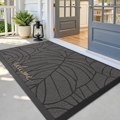 LUMI Outside Welcome Door Mat 47x71, Non-Slip Heavy Duty Dirt Trapper, Grey - color: Grey Gold Monstera, size: 47"x71"