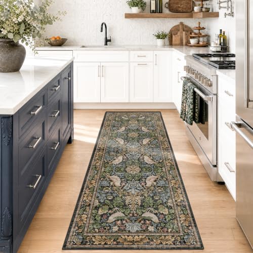 Floral Kitchen Runners - 2x6 Runner Rug for Hallway Bathroom Laundry Room Bedroom Beside Bed Entryway, Boho Leaves Patterned Non Slip Low Pile Washable Rugs - color: Dark Green / Brown, size: 2' x 6' (Runner)