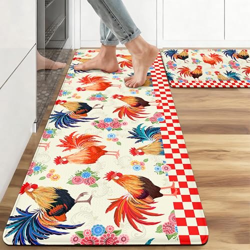 Kitchen Rugs for Floor 2 Pcs Memory Foam Padded Anti Fatigue Kitchen Mat - color: Rooster-2