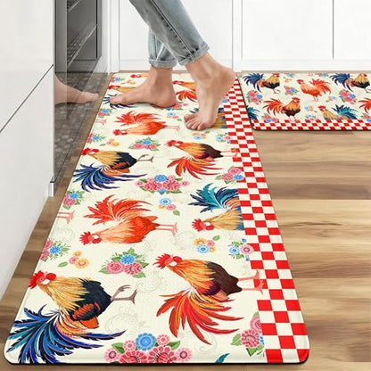 Kitchen Rugs for Floor 2 Pcs Memory Foam Padded Anti Fatigue Kitchen Mat - color: Rooster-2