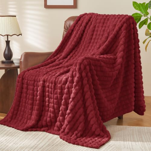 BEDELITE 3D Checked Burgundy Fleece Throw Blanket for Couch, 50x60 Inches - color: Burgundy, size: Throw(50"x60")
