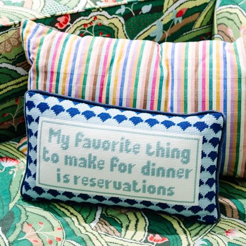 FURBISH Needlepoint Decorative Throw Pillow - with Reservations - 8" x 14" - Small Embroidered Accent Pillow for Bed, Chair, Couch, Sofa - Eclectic Home Decor