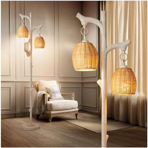 Scenekoy 68" Tall Floor Lamp with Wicker Drum Shade, Foot Switch Dimming - color: Washed White