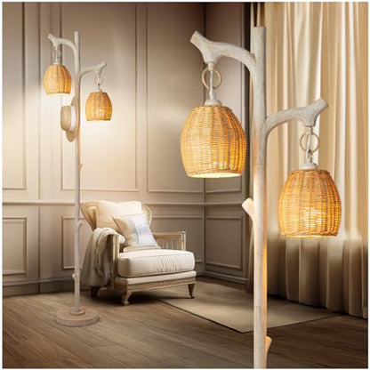 Scenekoy 68" Tall Floor Lamp with Wicker Drum Shade, Foot Switch Dimming - color: Washed White