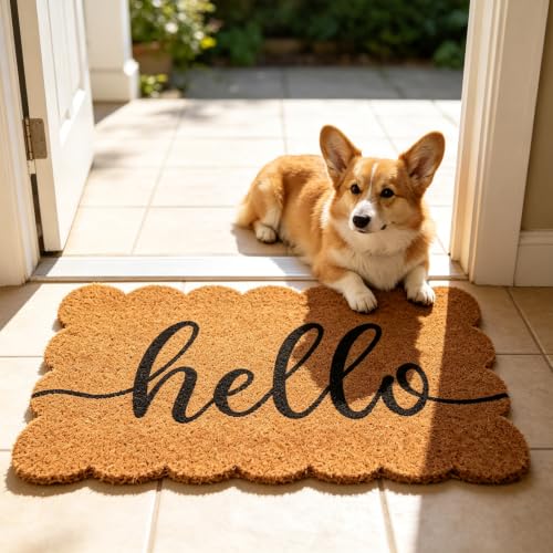 Whaline Scalloped Natural Coir Welcome Doormat, Hello, 16.5 x 29.1 Inch