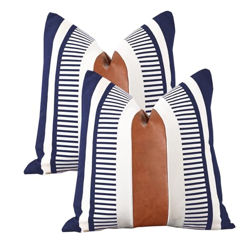 Pack of 2 Farmhouse Decorative Throw Pillow Covers for Couch Sofa Faux Leather and Cotton Patchwork Pillow Cover Boho Stripe Accent Cushion Cover 18 x 18 Inch, Navy Blue - color: Navy Blue, size: 18" x 18" (Pack of 2)