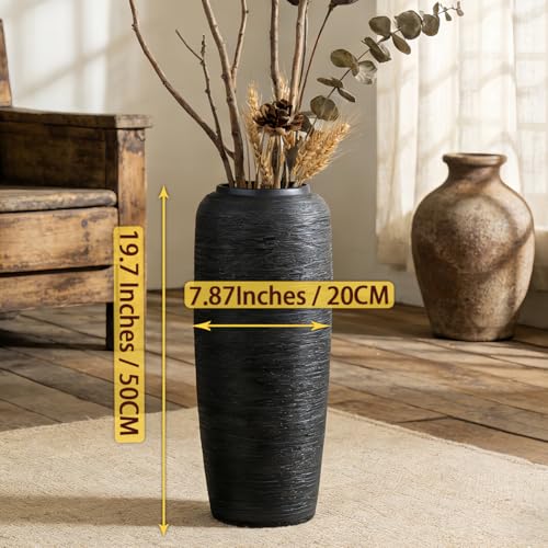 Black Rustic Ceramic Floor Vase, 19.7 Inch, Ribbed Texture - size: 19.7 Inch