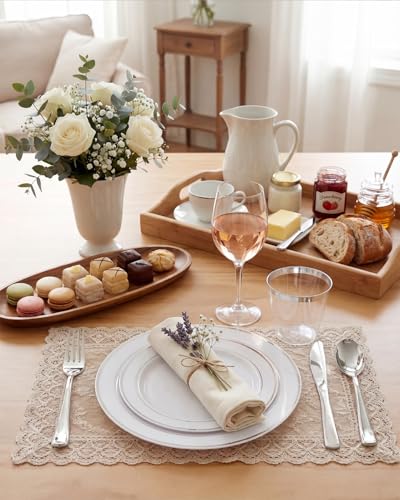 bUCLA 150-Piece Silver Disposable Dinnerware Set - White Plastic Plates with Silver Rim - Include 25 Dinner Plates, 25 Dessert Plates, 25 Forks, 25 Knives, 25 Spoons & 25 Cups for Party & Christmas - color: Silver