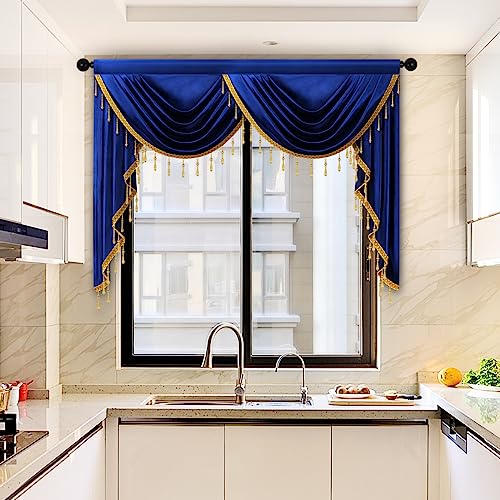 ELKCA Luxury Royal Blue Velvet Curtain Valances for Living Room with Beads(59inch,1 Panel) - color: Royal Blue, size: 59"W x 43"L (Pack of 1)