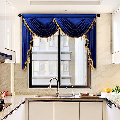 ELKCA Luxury Royal Blue Velvet Curtain Valances for Living Room with Beads(59inch,1 Panel) - color: Royal Blue, size: 59"W x 43"L (Pack of 1)