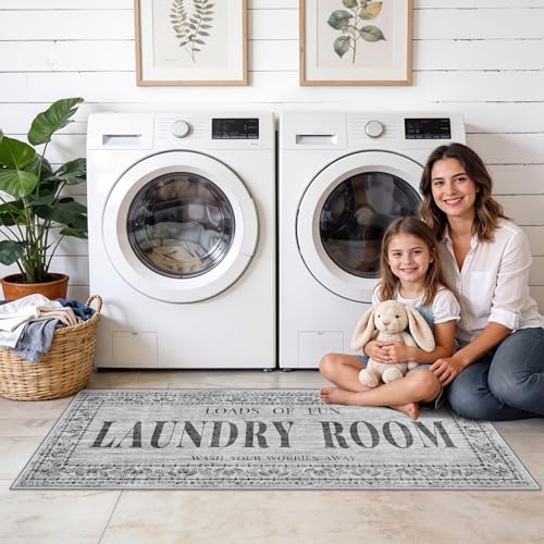 20"x47" Laundry Room Rug: Washable Non-Slip Vintage Laundry Runner Rug - color: Grey, size: 1'8" x 4' (Rectangular)