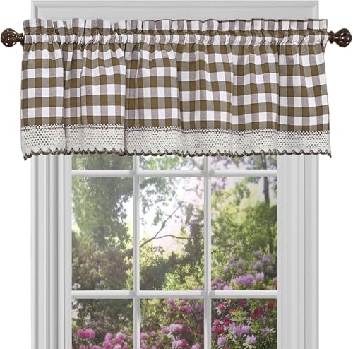 Buffalo Check Valance Curtains, 58 x 14 in, Taupe Brown & Ivory White Plaid - color: Taupe & Ivory, size: 58"W x 14"L (Pack of 1)