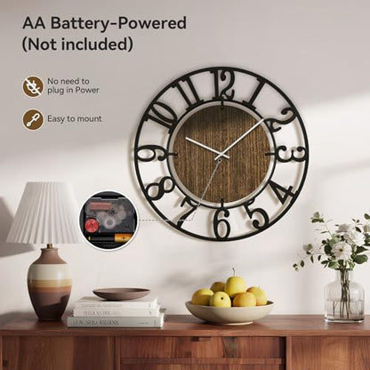 Large Wall Clocks, 20" Black Big Wall Clock for Living Room Decorative by Battery Operated, Oversized Farmhouse Silent Walls Clock with Metal Arabic Number for Office, Classroom, Bedroom - size: 20 Inch