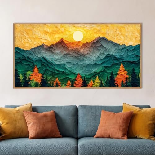 Celestdeco Abstract Boho Mountain Framed Canvas Wall Art Set-40"x20"x1 | Golden Teal Sun Forest Wall Decor,Bohemian Landscape Art Prints,Colorful Pine Tree Artwork for Living Room,Bedroom,Office - color: Woodcut Mountain Wall Art, size: 40"L x 20"W