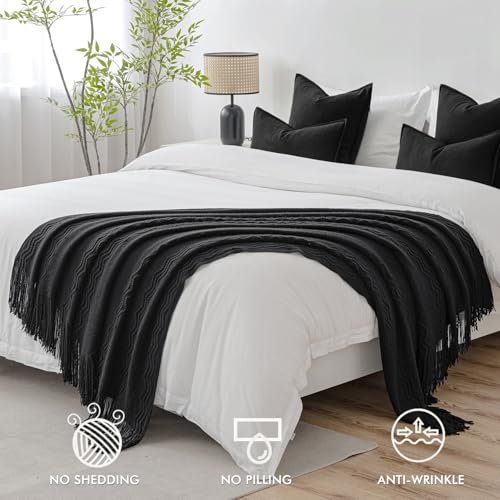 MIULEE Black Knitted Boho Throw Blanket for Couch 50"x60" - color: Black, size: 50" x 60"