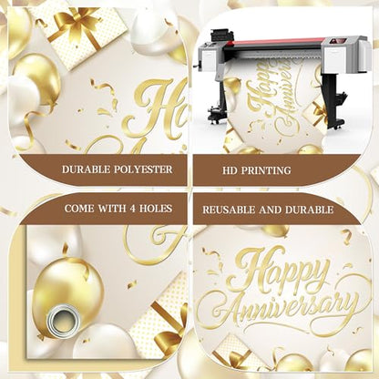 Happy Anniversary Backdrop Banner White Gold Elegant Photography Background for Wedding Couples Party Decor 72x43 Inch