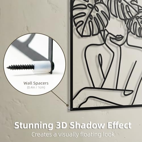 deeinglif Minimalist Woman Metal Wall Art Set of 4-3D Abstract Female Line Art Wall Decor with Monstera Leaf & Lotus, Modern Black Silhouette Hanging for Bedroom, Living Room, Above Bed (12x17 Inch)