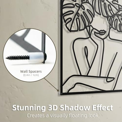 deeinglif Minimalist Woman Metal Wall Art Set of 4-3D Abstract Female Line Art Wall Decor with Monstera Leaf & Lotus, Modern Black Silhouette Hanging for Bedroom, Living Room, Above Bed (12x17 Inch)