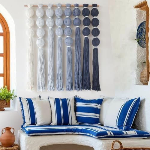 Macrame Wall Hanging Dip Dyed Blue Yarn Wall Art Tassel Decor 27" W*31" L - color: Blue