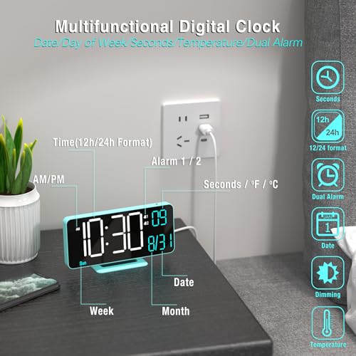 KOSUMOSU Digital Alarm Clock, 6.7in Digital Clock for Bedroom, Auto Dimming, Room Temperature, Day of The Week, Seconds, Date, Desk Clocks for Living Room, Alarm Clocks for Bedrooms - color: Blue (White + Blue Digits)