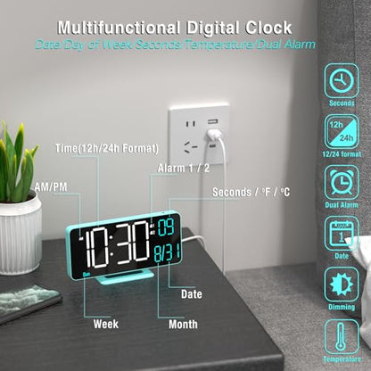 KOSUMOSU Digital Alarm Clock, 6.7in Digital Clock for Bedroom, Auto Dimming, Room Temperature, Day of The Week, Seconds, Date, Desk Clocks for Living Room, Alarm Clocks for Bedrooms - color: Blue (White + Blue Digits)