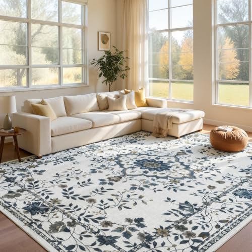 UKISS Washable Rugs 8'x10' Area Rugs for Living Room ，Ultra Silky Floral Rug for Bedroom, Vintage Indoor Floor Large Area Rug，Non Slip Low Pile Carpets for Home Office Blue - color: Beige, size: 8' x 10'