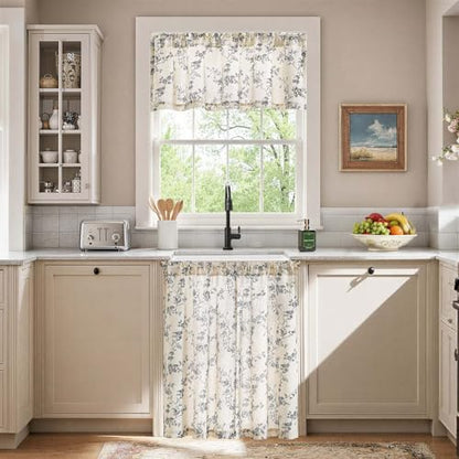 jinchan Black Linen Floral Kitchen Tier Curtains and Valance Set 3 Pieces - color: Alisa | Black on Linen, size: 26"W x 36"L (Pack of 3)