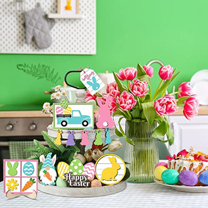 Jetec 12 Pcs Easter Tiered Tray Decoration Set - Easter Bunny Trail Carrot Table Signs Wooden Farmhouse Decoration for Spring Rustic Home Kitchen Decor - style: Bunny