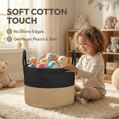 JMvicyroam 65L Extra Large Machine Washable Cotton Rope Blanket Basket - color: Black&Jute, size: 65L