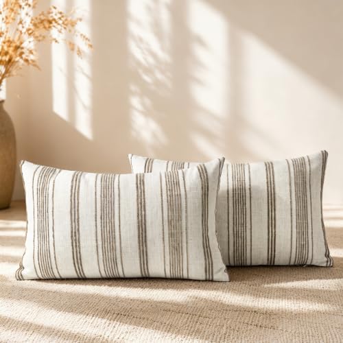 AELS 12x20 Decorative Farmhouse Linen Blend Lumbar Pillow Covers, Beige with Dark Brown Chenille Striped Pillow Case, Set of 2, Boho Textured Cushion Cover for Sofa Couch Living Room (Cover ONLY) - color: Dark Brown, size: 20" x 12" (Pack of 2)