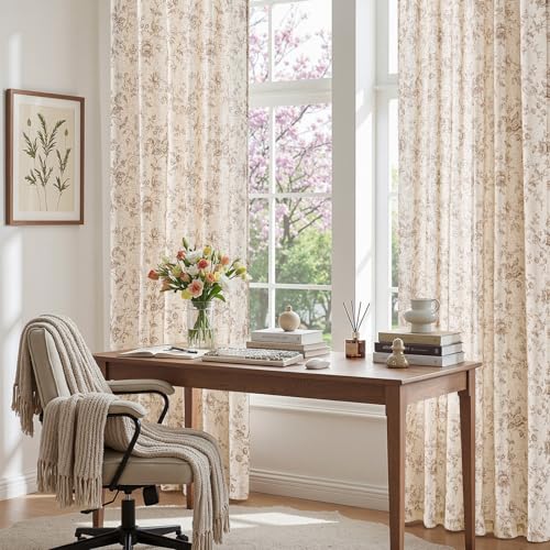 jinchan Linen Curtains 84 inch Taupe Floral Farmhouse Rod Pocket 2 Panels - color: Amlie Taupe, size: 50"W x 84"L (Pack of 2)