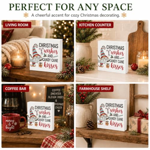 Christmas Wishes and Candy Cane Kisses Sign, Gnome Wood Box Shelf Decor - color: Style 21