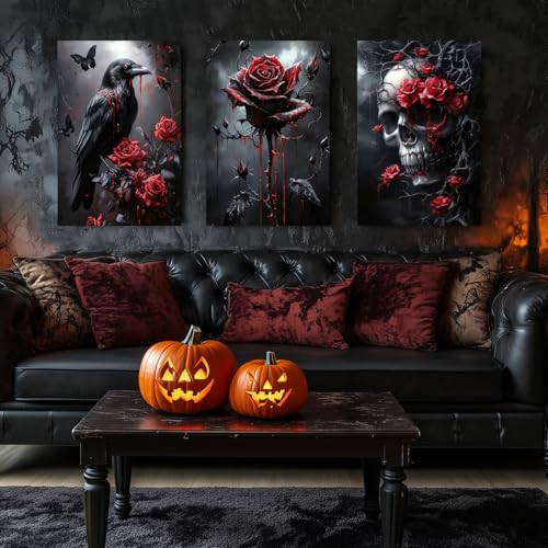 Hianan Wrapped Canvas Dark Goth Crow Rose Skull Wall Art Set of 3, 12x16 in - color: Black-Red, size: 16"L x 12"W
