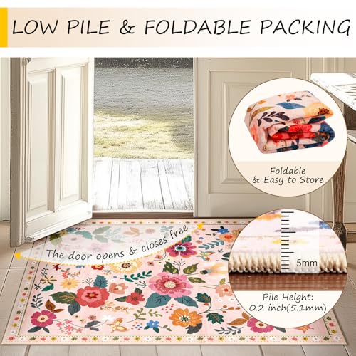 Floral Washable 2x8 Area Rugs Runner Entryway Hallway Pink - color: Pink, size: 2' x 8' (Runner)