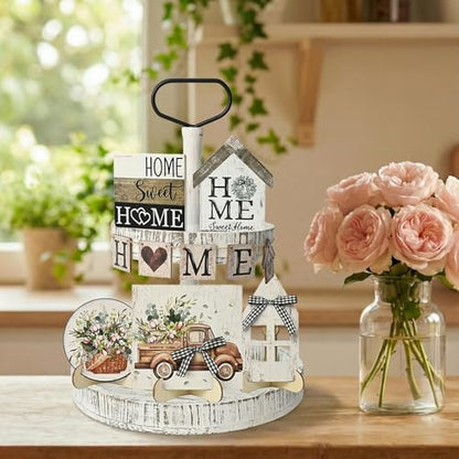 Smile 9pcs Indoor Wooden Decor, Truck Floral Home Sweet Home Rustic Farmhouse Tiered Tray Set Home Decor for Kitchens (Without Trays) - style: Retro