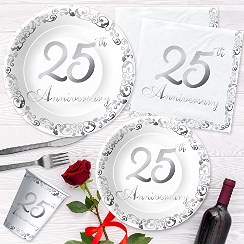 APOWBLS 25th Anniversary Decorations Tableware Wedding, Silver, Serves 24