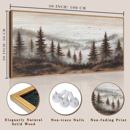 Aurlan Large Foggy Pine Tree Mountain Framed Canvas Wall Art Set-40"x20" - color: Foggy Landscape Wall Art, size: 40"L x 20"W