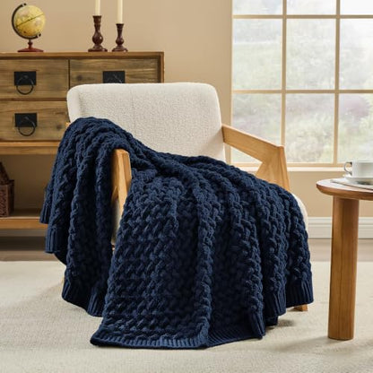Deep Sea Blue Chunky Knit Throw Blanket,Extra Thick Cozy Sofa Blanket 50x60 - color: Deep Sea Blue, size: 50"x60"