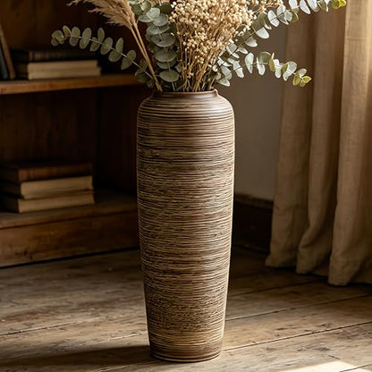 Brown Rustic Ceramic Floor Vase, 19.7 Inch, Ribbed Texture - size: 19.7 Inch