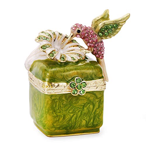 Hand Painted Enamel Hinged Trinket Box, Unique Mini Ring Necklace Jewelry Organizer, Classical Antique Bejeweled Storage, Figurine Collectible Keepsake Home Decor (Hummingbird on Box)