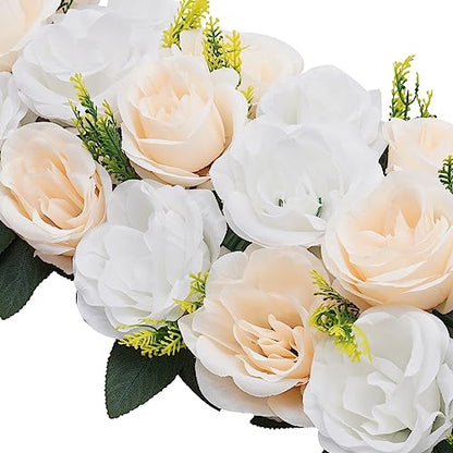 DYNAMI Wedding Dining Table Flower Centerpiece,10Pcs 19.7 * 9.8 in Artificial Rose Flowers Arrangements, Table Runner Road Lead Decorations Floral Centerpiece,for Party Table Decor (Champagne+White)