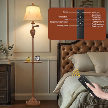 Traditional Floor Lamp with Tray, Remote Dimmable,350° Swing Arm and Walnut - color: Walnut-2