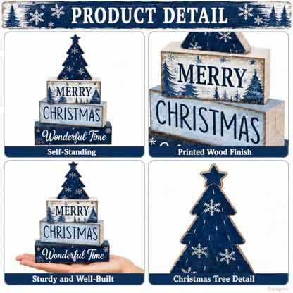 Christmas Table Decorations Wooden Blue Xmas Tree Tiered Tray Decor - style: Blue Tree